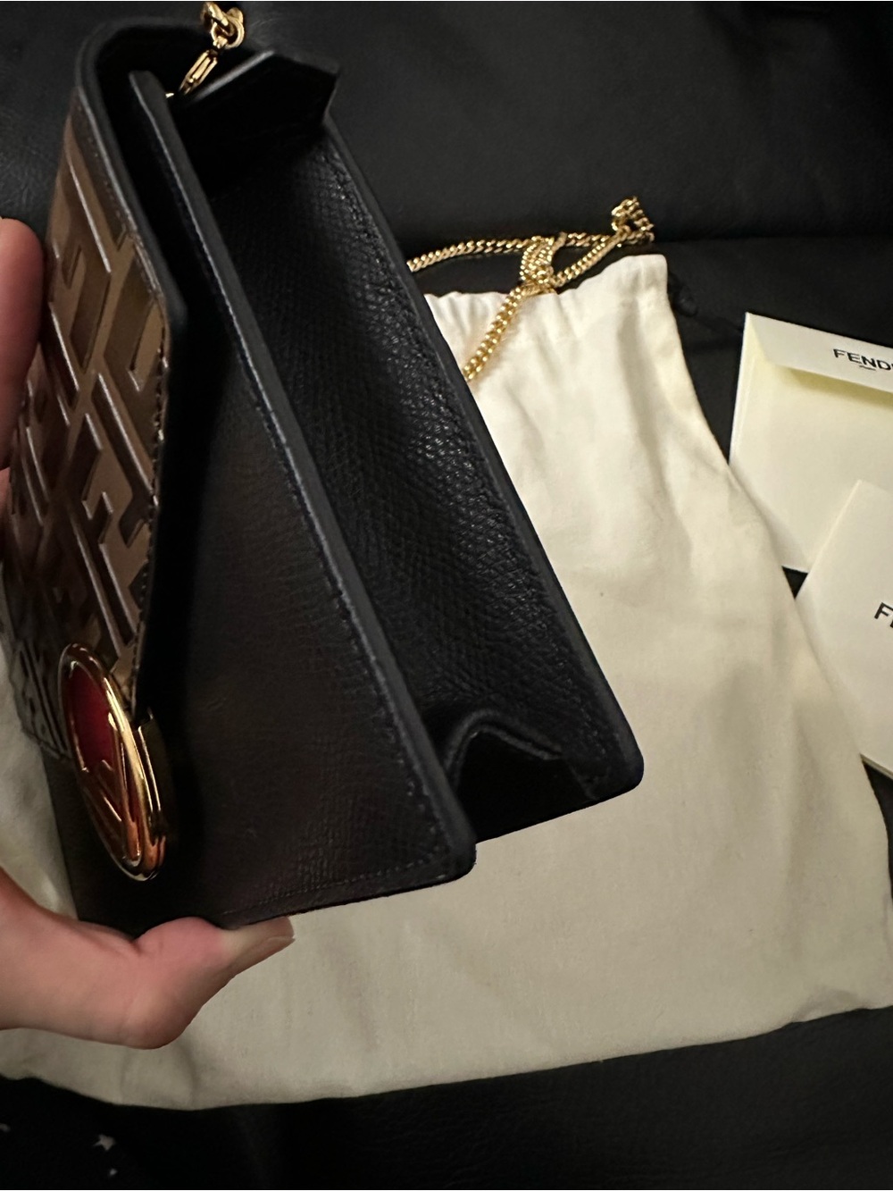 Fendi Black, Brown & Red FF Logo Wallet on Chain Envelope - Picture 7 of 13